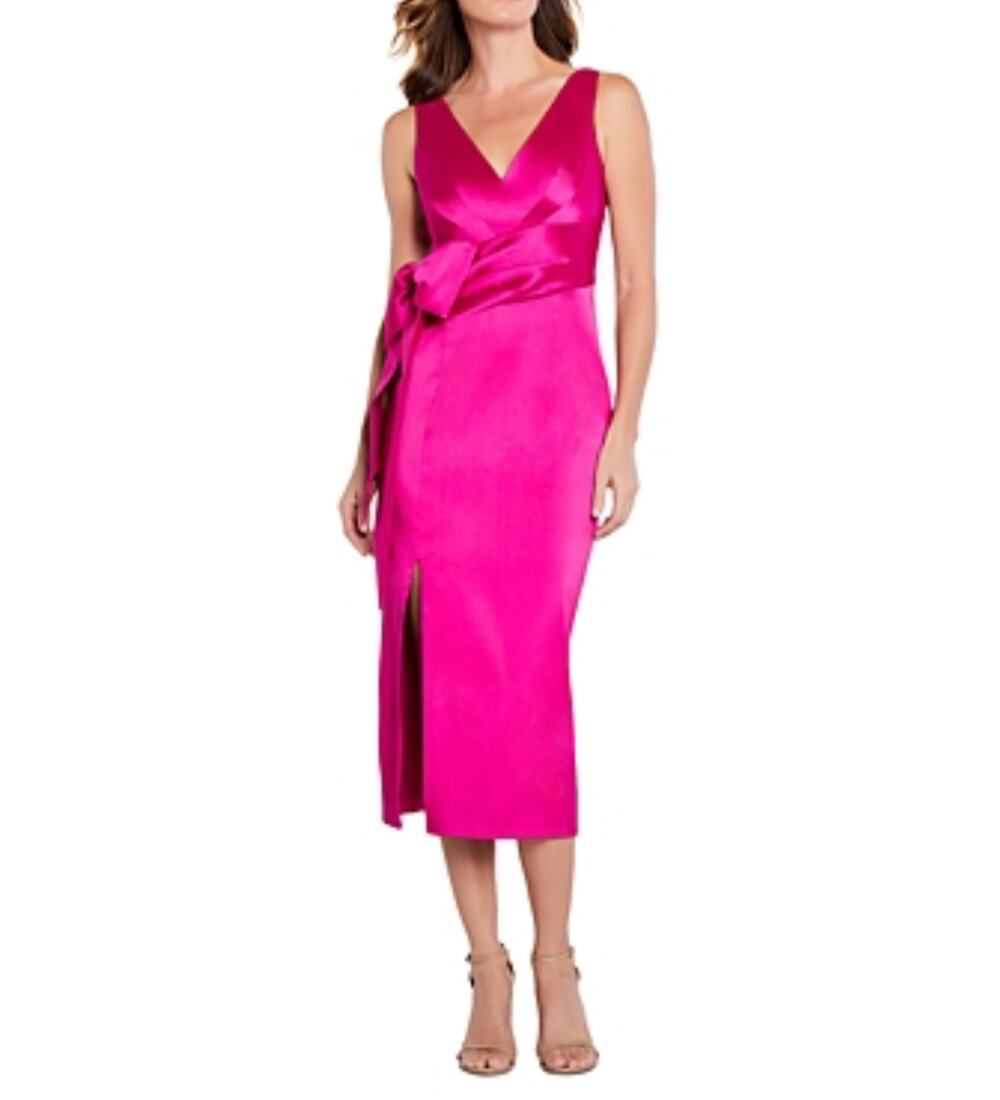 Aidan Mattox Pink Cocktail Dress Sleeveless Thigh Slit Midi Bow Sheath Size 6